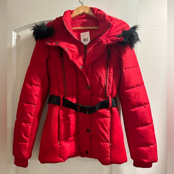 GUESS Women's Vonn Belted Puffer Hooded Jacket - Picture 1 of 12